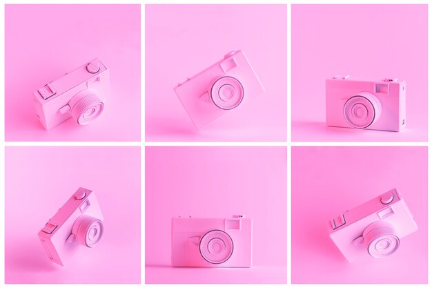 Conjunto de cámara pintada sobre fondo rosa.