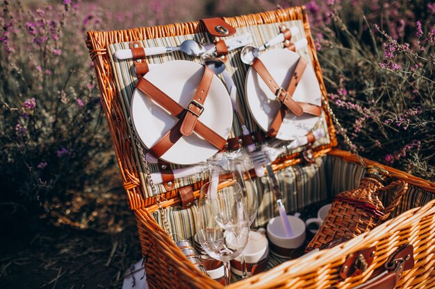 Conjunto de canasta de picnic aislado en un campo de lavanda