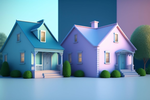 Un conjunto de casas con techo azul y una casa azul con techo rosa.