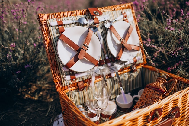 Conjunto de cesta de picnic aislado en un campo de lavanda
