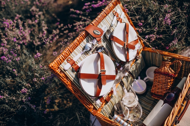 Conjunto de cesta de picnic aislado en un campo de lavanda