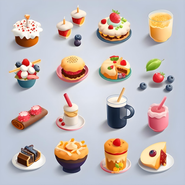 Foto gratuita conjunto de diferentes iconos de pasteles y postres en estilo 3d isométrico