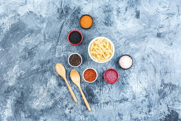 Conjunto de especias, cucharas de madera y pasta penne en un recipiente sobre un fondo de yeso gris. vista superior.