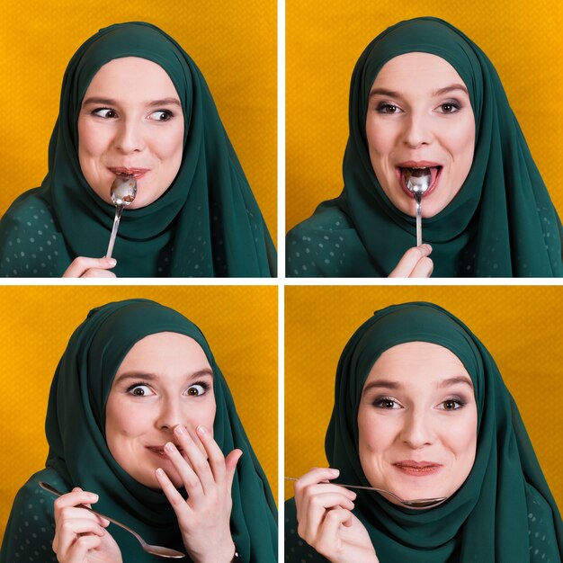 Conjunto de expresión de la cara de la mujer musulmana comer con una cuchara blanca