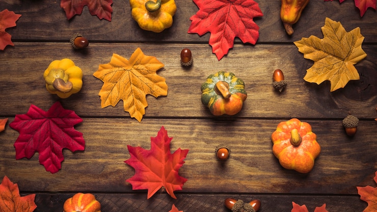 Foto gratuito conjunto hermoso de hojas, bellotas y calabazas de otoño