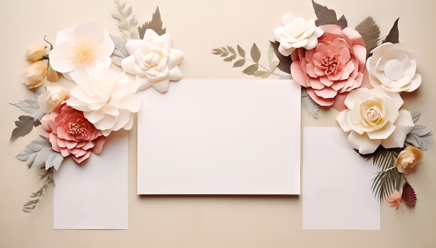 Foto gratuita conjunto de hojas de papel en blanco sobre un fondo suave con flores de papel pastel