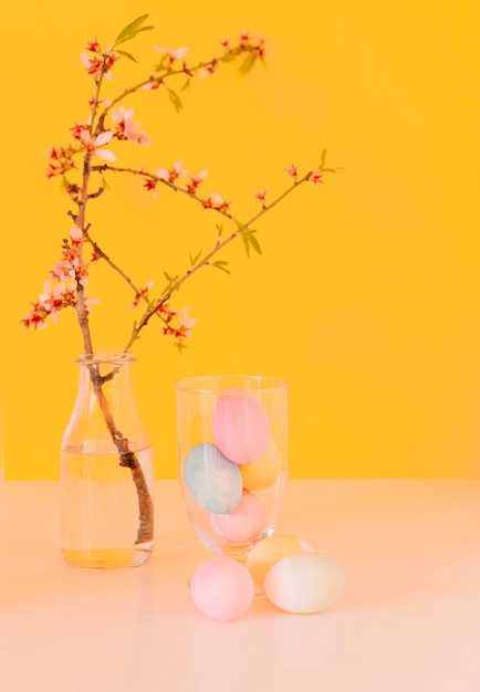 Conjunto de huevos de Pascua brillantes cerca de ramita de flor en florero con agua