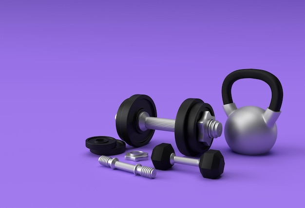 Conjunto de mancuernas de renderizado 3D, vista cercana detallada realista Elemento deportivo aislado de diseño de mancuernas de fitness.