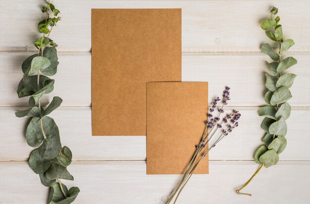 Conjunto de papelería en blanco con hojas y cartón