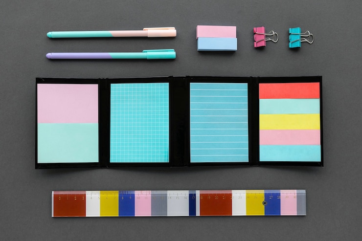 Foto gratuito conjunto de papelería colorida en el espacio de trabajo
