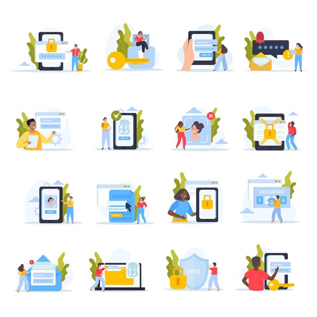 Conjunto de protección de datos de teléfonos inteligentes de composiciones aisladas con iconos de escudos de bloqueo y personas con ilustración vectorial de gadgets