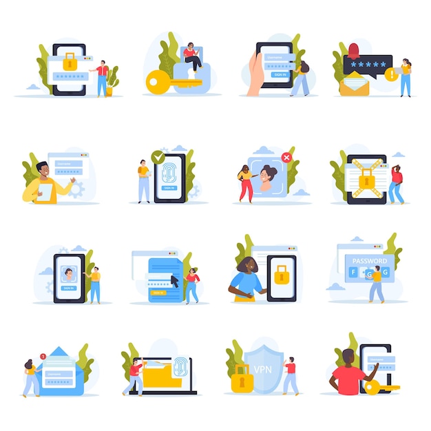 Conjunto de protección de datos de teléfonos inteligentes de composiciones aisladas con iconos de escudos de bloqueo y personas con ilustración vectorial de gadgets