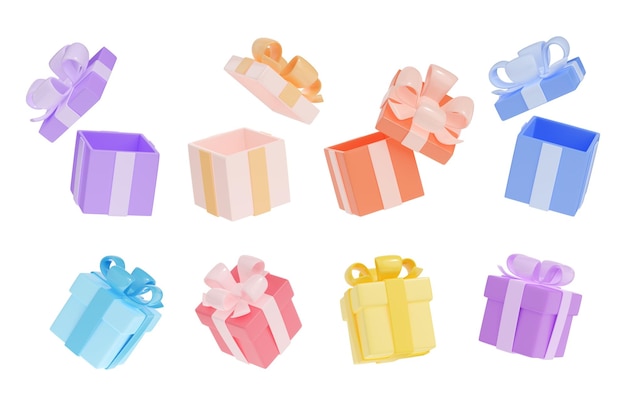 Conjunto de renderizado 3D de cajas de regalo abiertas y cerradas