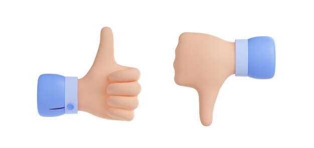 Conjunto de renderizado 3D de iconos de signo de mano de me gusta y no me gusta