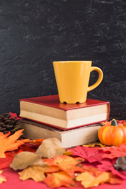 Cono de calabaza y coníferas cerca de libros y taza