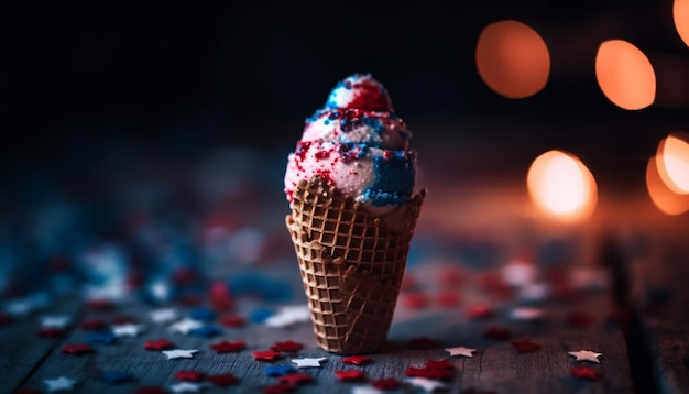 Cono de helado de bayas con ingredientes coloridos generados por IA