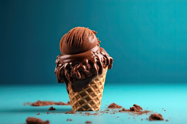 Cono de helado de chocolate sobre fondo azul AI generativo