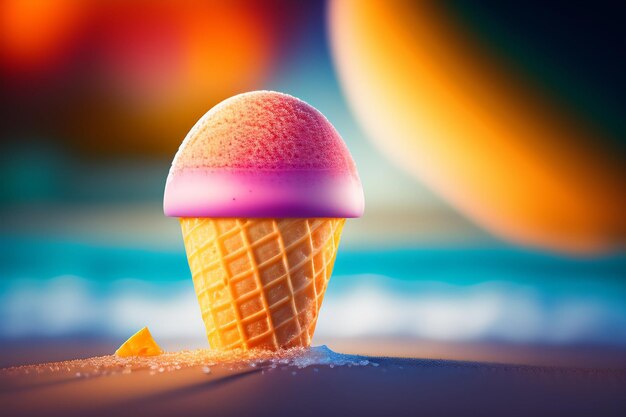 Un cono de helado con un planeta al fondo.