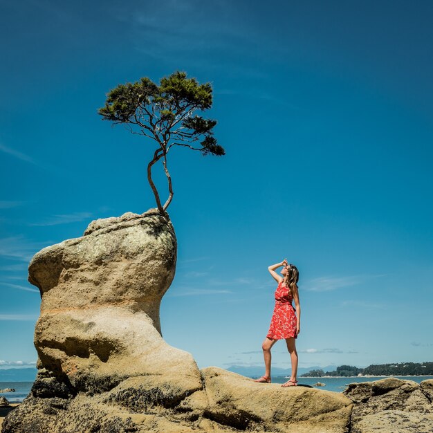 Contemplación. Mujer en la naturaleza mirando un árbol pequeño