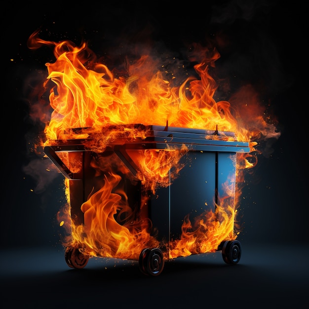 Un contenedor de basura en llamas con llamas