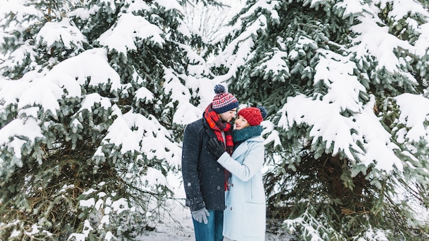 Contenido pareja en los bosques nevados besándose