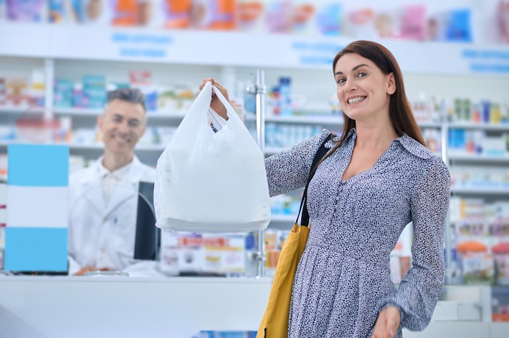 Contented. Long-haired woman looking contented after buying goods in a drugstore