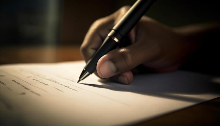 Foto gratuito contrato de escritura a mano con pluma estilográfica para acuerdo comercial generado por ia