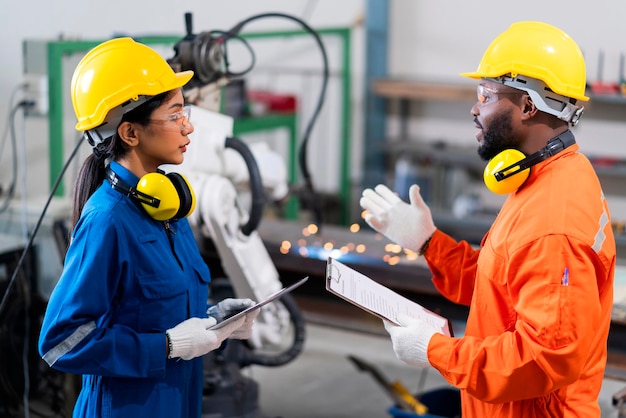 Cooperación de ingenieros, técnico masculino y femenino, control de mantenimiento, relé, sistema de brazo robótico, soldadura con tableta portátil para controlar la calidad, operación, proceso, trabajo, industria pesada, 40 fábrica de fabricación.