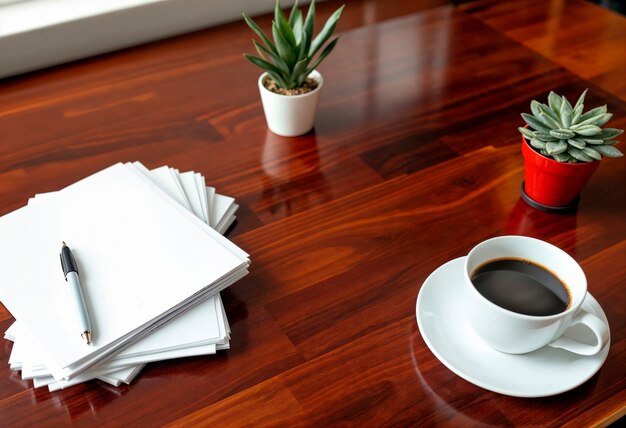 Una copa de café y una taza de café en una mesa con una planta en maceta en ella.