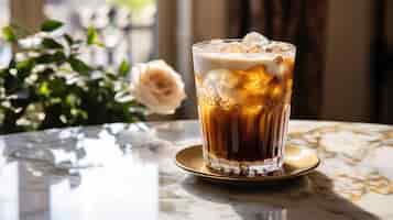 Foto gratuita una copa de capuchino helado en una elegante mesa de mármol