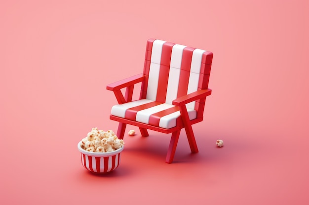 Foto gratuita copa de palomitas de maíz de cine 3d con silla de césped