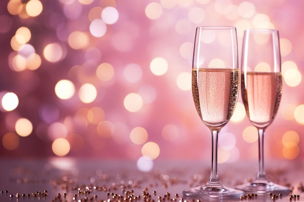 Las copas de champán rosas brillantes de fondo de la ceremonia de celebración de las tarjetas de aniversario