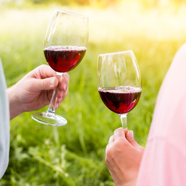 Copas de vino con vino tinto en manos de la pareja en picnic