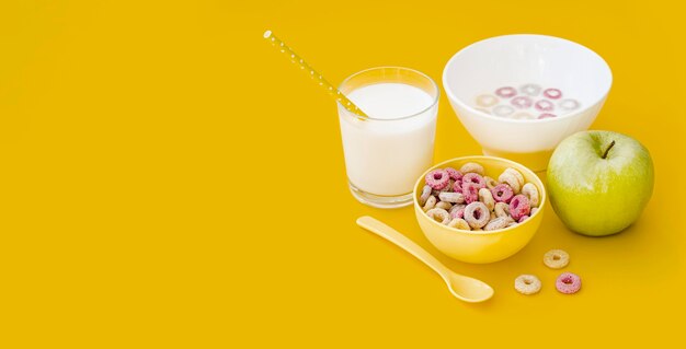 Copia espacio tazón con cereales y leche