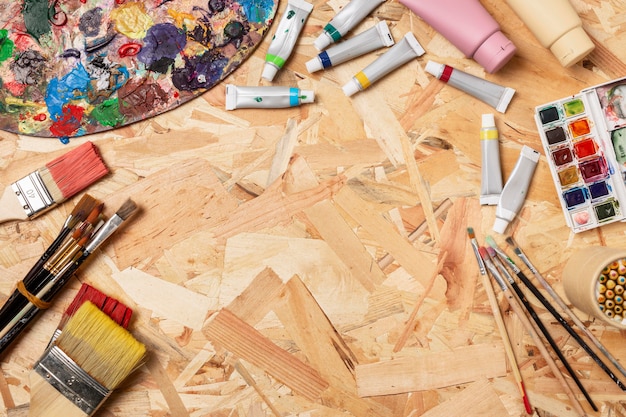 Copie el espacio fondo de madera estudio de arte creatividad