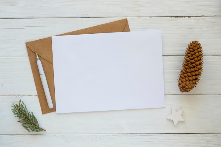 Foto gratuito copie la tarjeta de espacio con sobre y cono y agujas de pino navideño