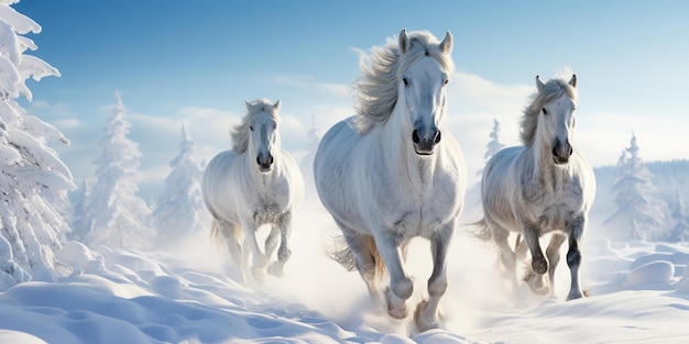 Los copos de nieve se arremolinan alrededor de caballos animados que galopan libremente a través de un paisaje intacto invernal.