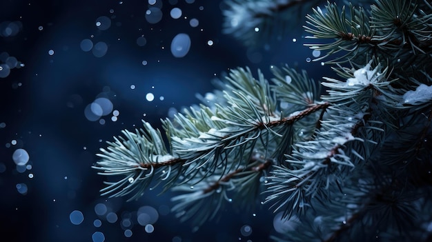 Copos de nieve posándose sobre ramas de pino bajo la suave luz de la luna de invierno