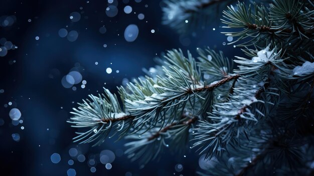 Copos de nieve posándose sobre ramas de pino bajo la suave luz de la luna de invierno