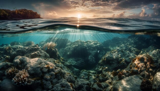 Corales de peces de colores y tortugas en un paraíso submarino generados por IA