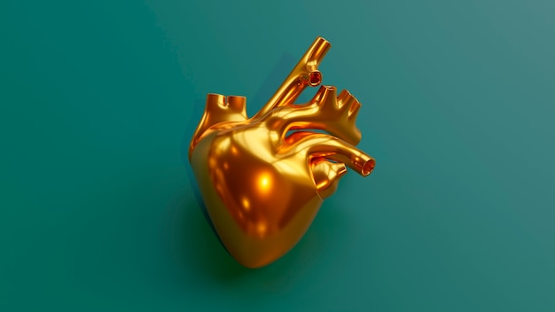 Corazón dorado anatómico con fondo verde.