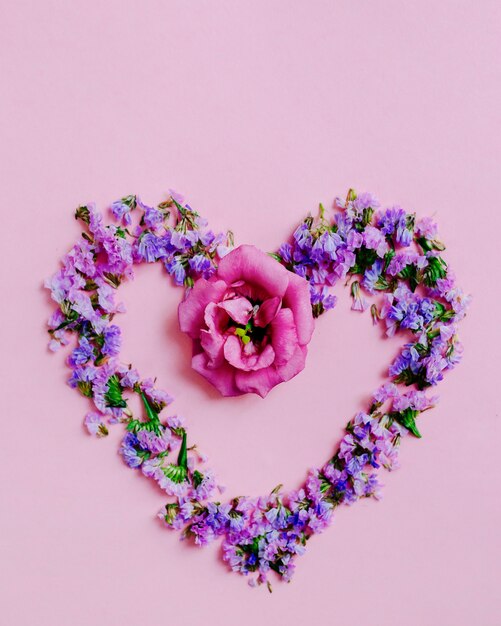 Corazón hecho con lavanda y flor rosada en fondo rosado