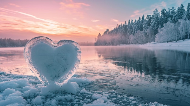 Foto gratuita un corazón de hielo en la orilla de un lago en invierno