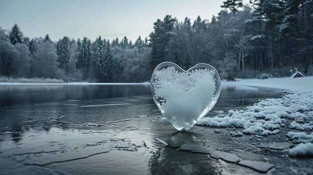 Un corazón de hielo en la orilla de un lago en invierno