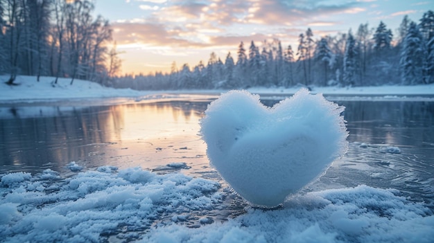 Un corazón de hielo en la orilla de un lago en invierno