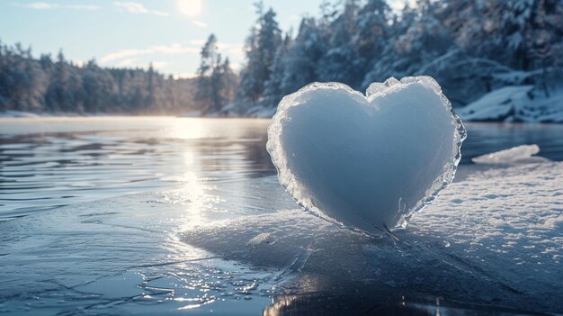 Un corazón de hielo en la orilla de un lago en invierno