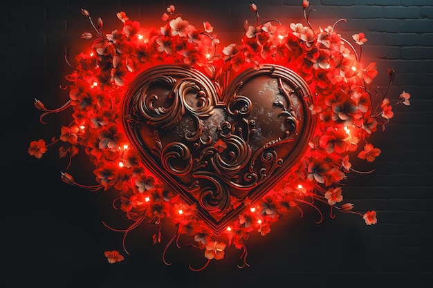 Foto gratuita corazón rojo decorativo con flores brillantes sobre un fondo oscuro