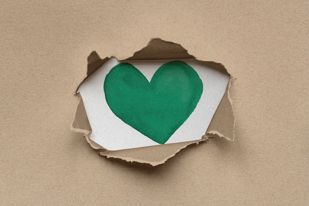 Foto gratuita corazón verde dentro de cartón kraft rasgado marrón ecológico