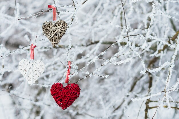 Corazones de San Valentín en el fondo de la naturaleza de invierno. Concepto del día de San Valentín.