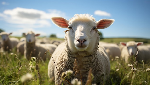 Foto gratuita un cordero lindo pastando en un prado verde rodeado de un rebaño generado por inteligencia artificial